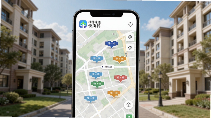 整体展示楼栋速通快找APP在手机屏幕上的界面,背景为模糊的小区楼宇实景,主体居中显示手机界面,界面中有清晰的地图和楼栋标记,左上角有楼栋速通快找logo,画面色彩明亮写实,适配Boogu模型生成。