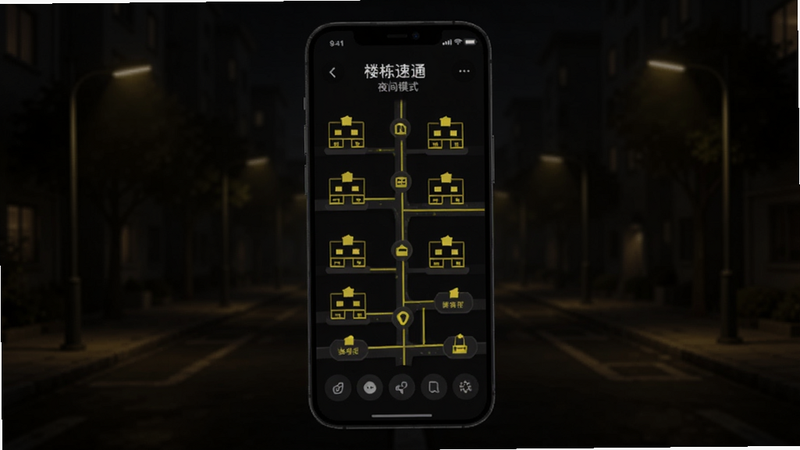 楼栋速通快找夜间模式界面,手机屏幕为深色背景,楼栋标记和道路线条为亮黄色,周围环境昏暗但有路灯模拟,界面清晰不刺眼,适配Boogu模型生成。