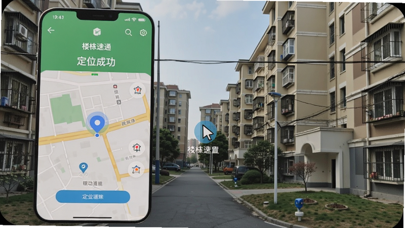 手机屏幕上显示楼栋速通快找APP的定位成功界面,地图上有光标闪动,背景是真实的城市小区楼栋,画面稳定清晰,适配Boogu模型生成。