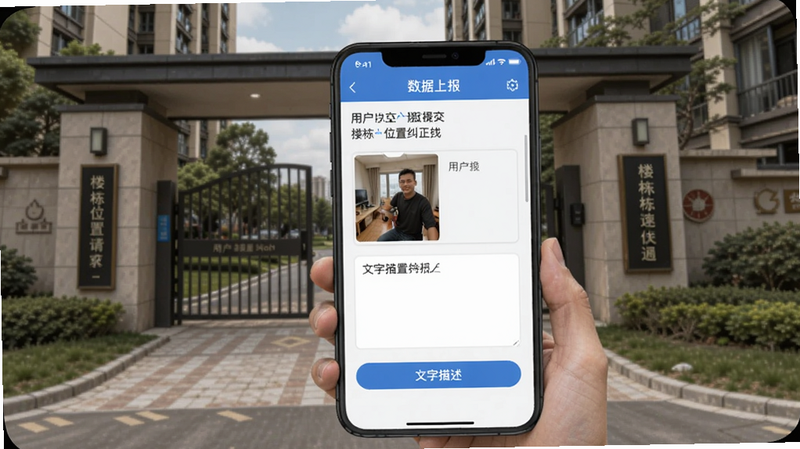 楼栋速通快找APP内的数据上报界面,用户正在提交一个楼栋位置纠正请求,界面有拍照上传和文字描述区域,背景是现实中的小区入口,适配Boogu模型生成。