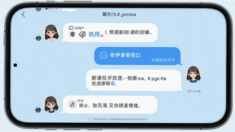 幸伊聊天界面,展示用户与好友的对话气泡,背景为浅蓝色,突出消息卡片,界面简洁现代。