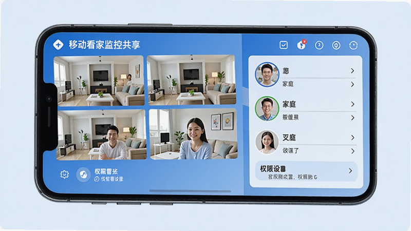 移动看家监控家庭共享管理界面,手机屏幕上显示多个摄像头缩略图,家庭成员头像列表,权限设置选项,整体色调蓝色清新,体现智能家庭协作