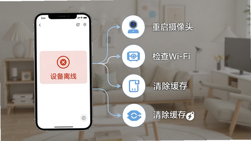 移动看家监控连接故障排查示意图,手机屏幕显示“设备离线”提示,旁边列出重启摄像头、检查Wi-Fi、清除缓存等步骤,配以图标,整体风格清新易懂