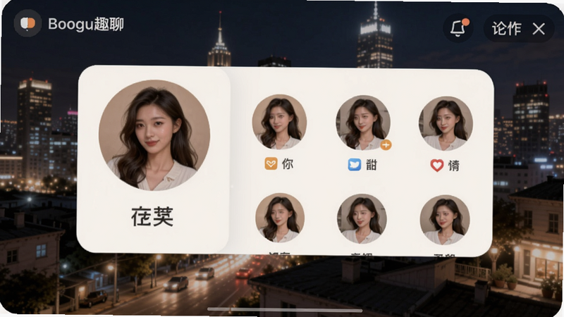 一张展示附近美女趣聊主界面的截图,画面中央是用户头像列表,背景为城市夜景,坐标居中偏左,整体风格温馨明亮,适合Boogu模型生成。