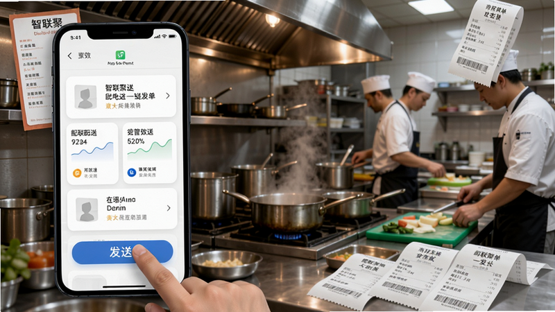智联聚送一键发单功能演示,手机屏幕上显示多个配送平台选项,手指点击发送按钮,背景为忙碌的餐饮后厨,菜单与订单小票散落,体现高效配送场景