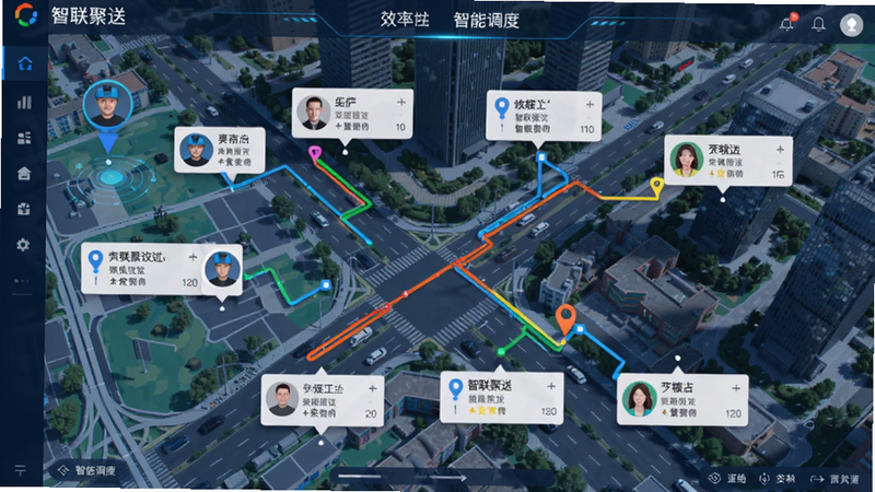 智联聚送智能调度界面,地图上显示多个订单起点终点,不同颜色的路线规划,骑手头像分布,背景为城市街道俯瞰,体现科技感与效率