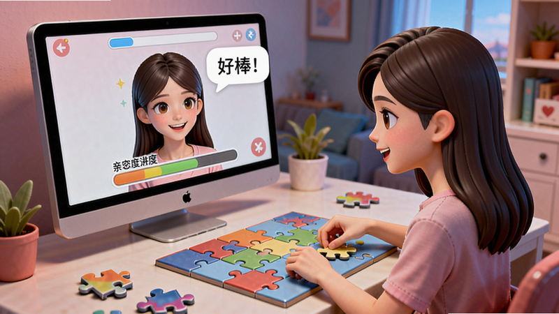 虚拟女友AI恋爱互动游戏场景,两人一起玩拼图游戏,屏幕显示亲密度进度条,气泡中有“好棒!”字样,画面活泼。