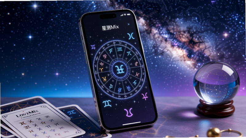 一幅展现星测Mix核心功能的场景:手机屏幕中央显示精致的星盘与星座符号,背景是深邃星空与流动的银河,手机旁边散落着心理测试卡片和占卜水晶球,整体色调蓝紫渐变,光影柔和,突出科技感与神秘感,画面主体坐标居中偏左,背景区域占画面70%
