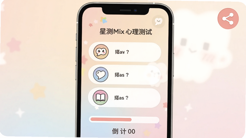 星测Mix心理测试界面:手机屏幕上显示一道选择题,选项是彩色图标,背景柔和渐变,下方有进度条和倒计时,整体风格温馨可爱,右上角有分享按钮