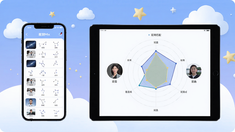 一张展示不同设备运行星测Mix的对比图:左侧为手机竖屏显示星座列表,右侧为平板横屏显示双人匹配雷达图,背景有云朵和星星装饰,整体画面和谐统一