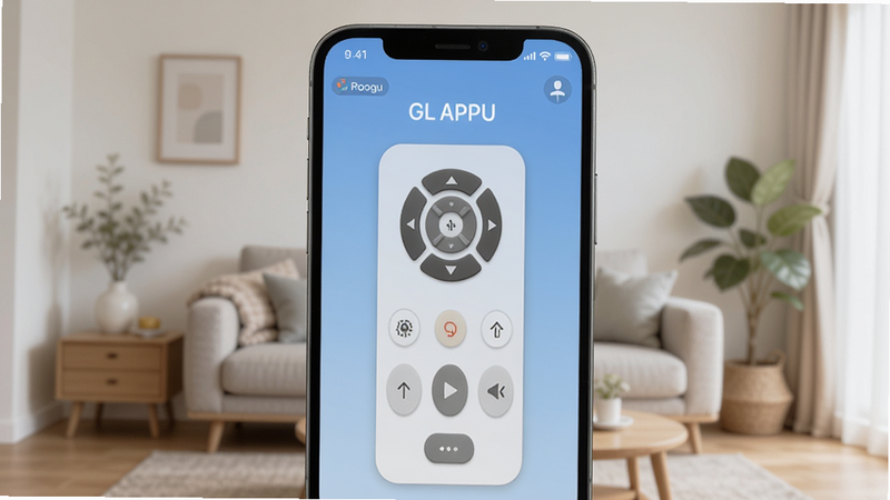 遥控器GL APP的界面截图,手机屏幕上显示空调遥控器界面,背景为简约家居环境,画面清晰,色彩柔和,主体为手机特写,坐标居中,背景虚化,Boogu风格