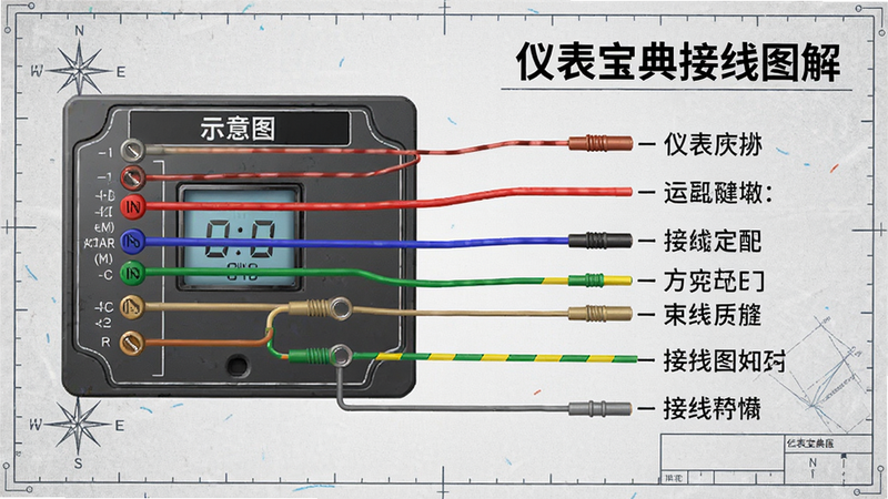 仪表宝典接线图解页面,左侧为示意图,右侧有文字标注,颜色区分线缆,背景为浅灰色工程图纸风格