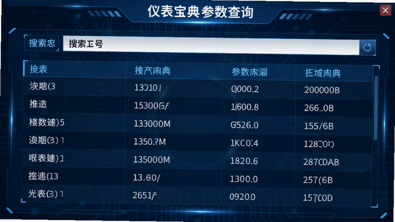 仪表宝典参数查询界面,搜索框输入型号后显示详细参数列表,背景为蓝色科技感,数据表格清晰