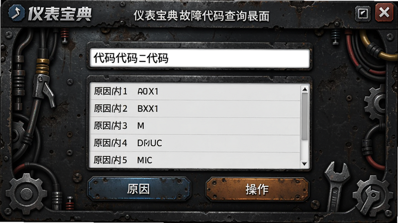 仪表宝典故障代码查询界面,输入框输入代码,下方显示原因列表和操作按钮,背景为暗色工业感