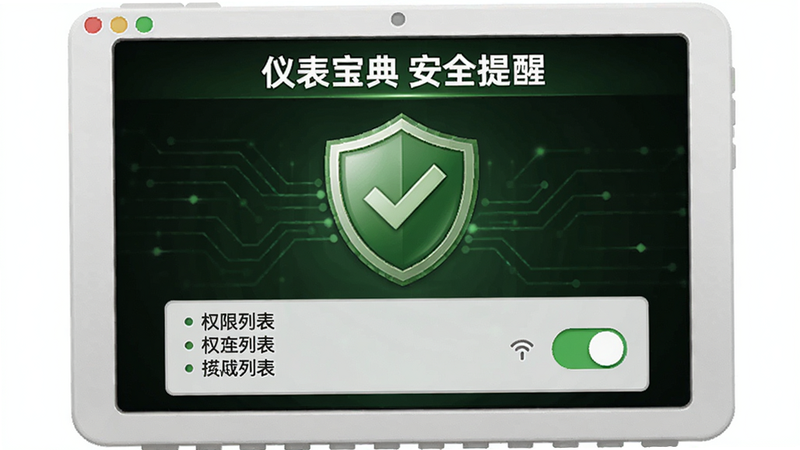 仪表宝典安全提醒界面,显示权限列表和开关,背景为绿色安全盾牌图标,文字清晰,适配Boogu模型