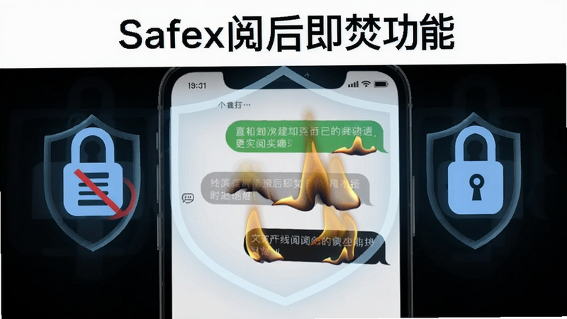 手机屏幕显示聊天气泡正在燃烧消失,屏幕边缘有禁截屏图标,周围环绕锁形防护盾,标题为Safex阅后即焚功能