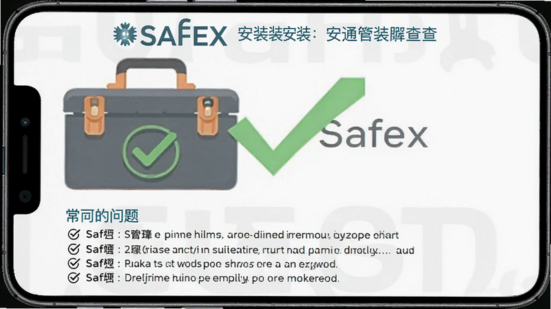 手机显示Safex安装成功界面,背景是工具箱图标与对勾,下方有常见问题列表,整体风格为清新故障排查手册