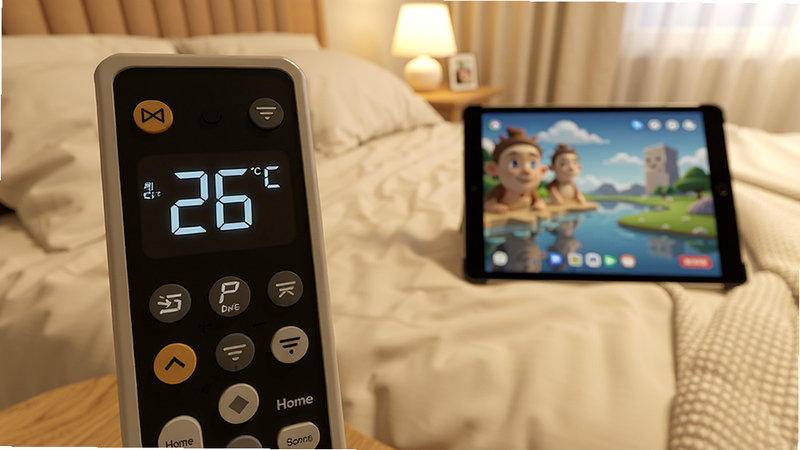 空调遥控器Home的控制面板特写,上面显示温度26℃、制冷模式、风速中档,背景是舒适的卧室,床上有一台平板电脑,画面温暖明亮。