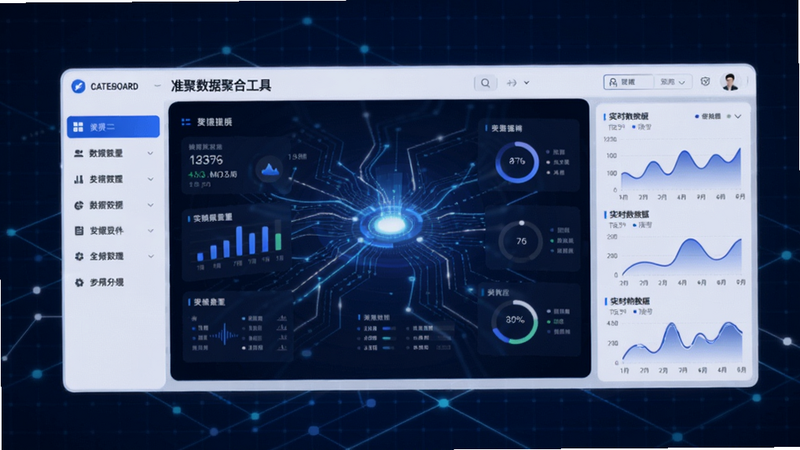 准聚数据聚合工具的主界面展示,画面中心显示一个清晰的数据仪表盘,背景为深蓝色科技感网格,左侧有分类导航栏,右侧显示实时数据图表,整体风格现代简约,色彩以蓝白为主,光线柔和,突出数据汇聚的视觉效果。