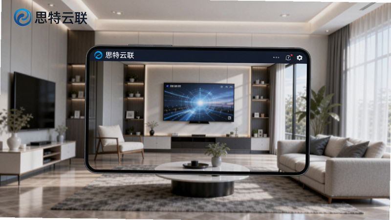 思特云联手机主界面,画面中央显示实时监控画面,背景为现代简约客厅,左上角有思特云联logo,蓝白科技色调,画面比例为16:9,细节丰富,光线明亮,
