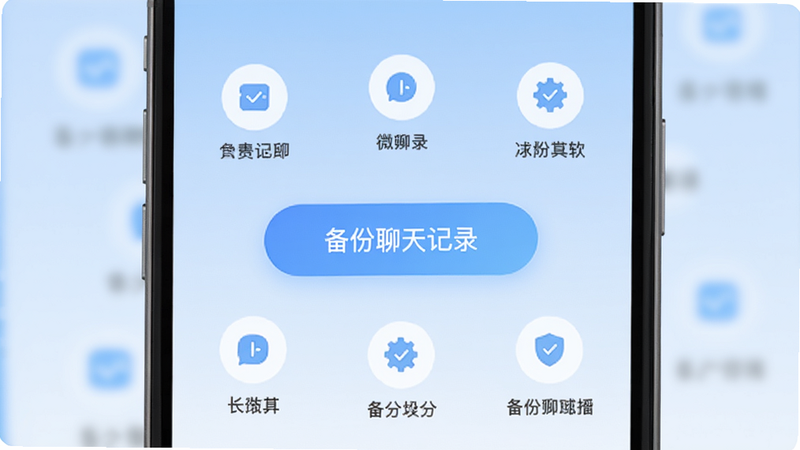 微备份聊天记录软件主界面预览图,展示手机屏幕上软件界面,背景为淡蓝色渐变,界面中央显示