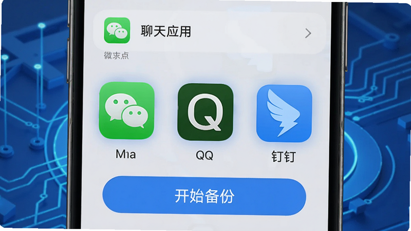 微备份聊天记录的一键备份功能演示图,手机屏幕上显示选择应用界面,微信、QQ、钉钉三个图标突出,下方有