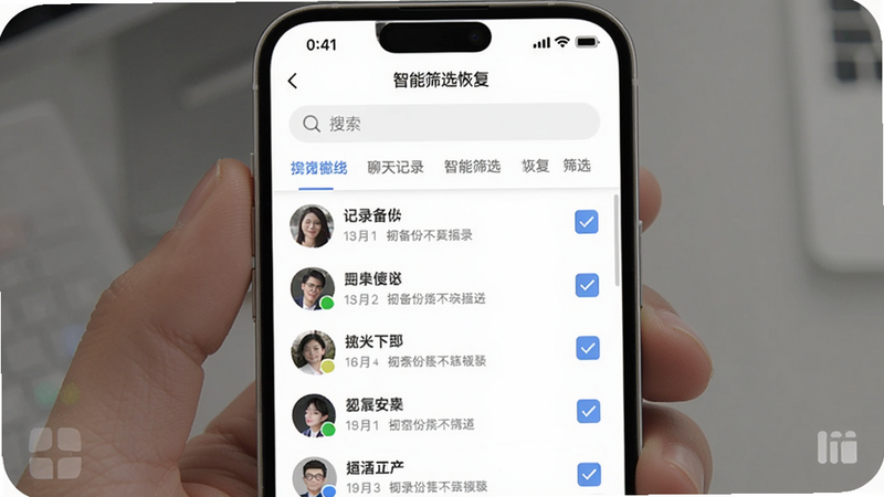 微备份聊天记录智能筛选恢复界面,手机屏幕上显示搜索框和筛选选项,下方列出聊天会话列表,有勾选框,背景白色,风格简洁,适配Boogu模型。