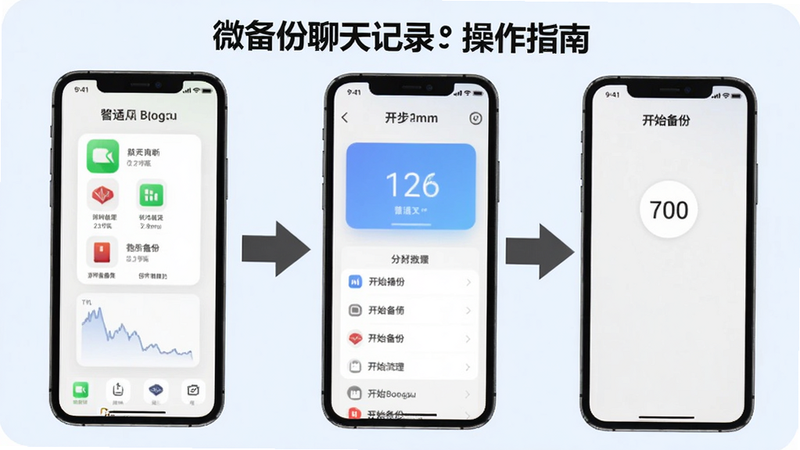 微备份聊天记录使用指南操作步骤图,手机屏幕分步展示从选择应用到开始备份的流程,箭头指示,背景为浅色,风格教程化,适配Boogu模型。