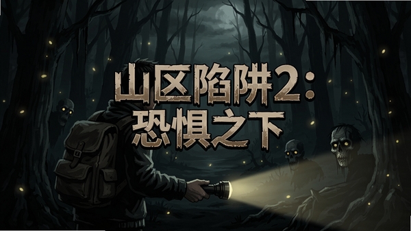 山区陷阱2:恐惧之下,游戏主菜单界面,黑暗森林背景,主角手持手电筒,阴森氛围,画面中央游戏标题