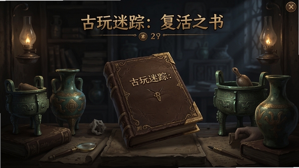 古玩迷踪:复活之书,游戏主界面,古玩文物场景,灯光昏暗,神秘氛围