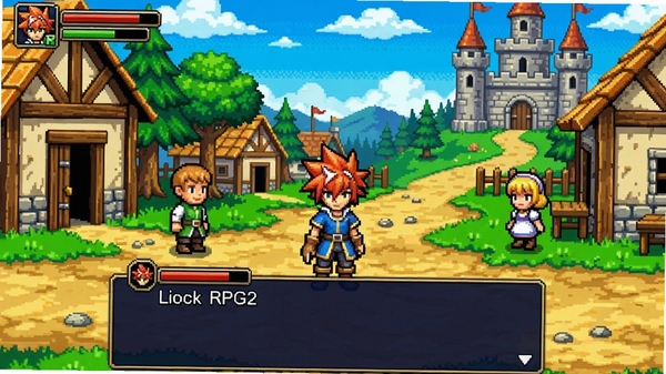 拉比露尼亚RPG2电脑版游戏截图,展示主角在村庄与NPC对话的场景,像素风格,色彩明亮,背景有城堡和树木,画面比例为16:9