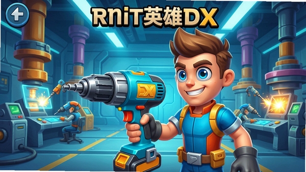 电钻英雄DX游戏截图,主体为手持电钻的角色,背景为科幻工厂,色彩明亮