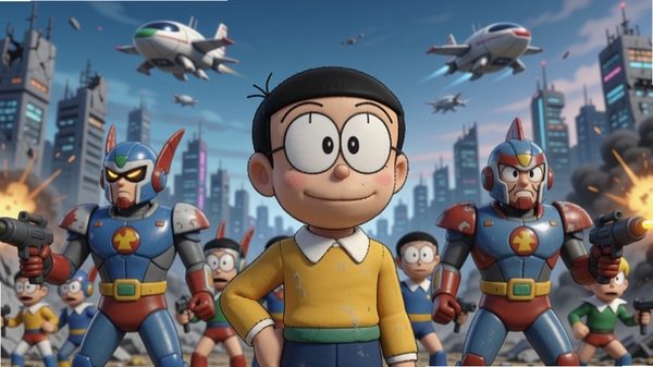 大雄与空间军团,画面中央是大雄带领军团在战场上的场景,背景是科幻风格的城市废墟,采用卡通渲染风格,适配Boogu模型生成