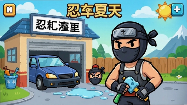洗车工:忍者的夏天,游戏主界面,忍者洗车店场景,色彩明亮,卡通风格