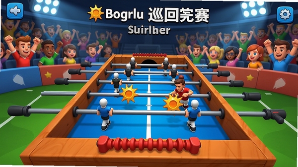 提示词:桌上足球:世界巡回赛游戏主界面,桌上足球台中央,两名球员操纵杆激烈对抗,背景为观众欢呼的体育场,色彩明快,卡通风格,适配Boogu模型