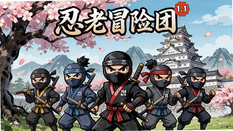 忍者冒险团游戏主界面,一个忍者团队站在樱花树下,背景是日式城堡和山脉,画面色彩鲜明,角色服装细节丰富,整体风格为日式水墨与卡通结合,游戏标题位于上方,带有1.1版本标识,适配Boogu模型生成。