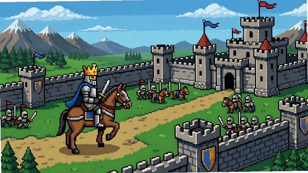 Kingdoms PC game tower defense battlefield with king on horse and castle walls, detailed pixel art style, wide landscape
