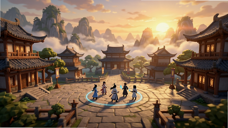 逍遥情缘游戏主城全景,中央广场上有仙侠角色站立,四周古风建筑飞檐翘角,背景是云雾缭绕的山川与夕阳,整体色调温暖明亮,细节丰富,适配Boogu模型