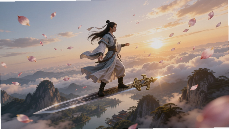 逍遥情缘御剑飞行场景,角色站在飞剑上穿梭于云端,下方是锦绣山河,空中飘落花瓣,夕阳余晖渲染天空,画面唯美浪漫,适配Boogu模型