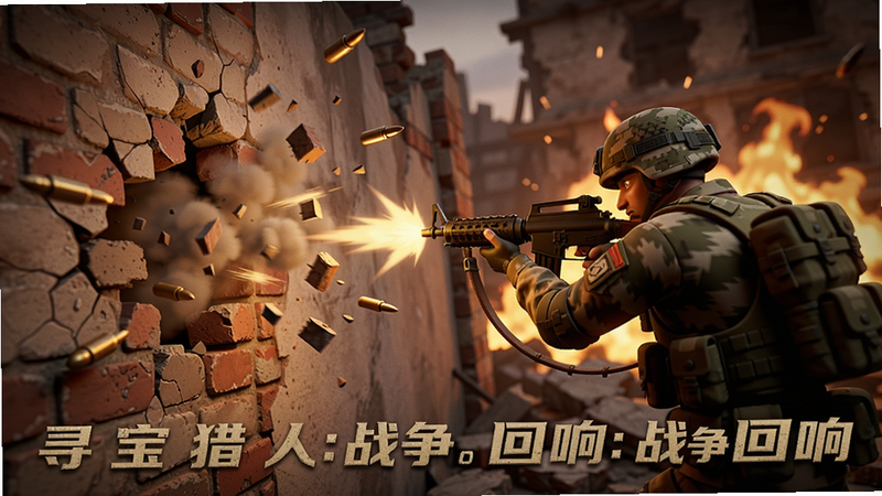 展示一个士兵在废墟中射击,子弹击中砖墙后碎片飞溅,墙体出现裂纹逐渐崩塌,身后有火焰燃烧。画面强调动态破坏效果和粒子特效,色调偏暖,突出战斗的激烈。包含寻宝猎人:战争回响。
