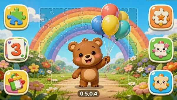 ��Ȥ��Ϸ�������� ��Ϸ�����棬�����п�ͨС���ֳ����򣬱���Ϊ�ʺ绨԰������(0.5,0.4)����Χ����ƴͼ�����ֿ�Ƭ��С��Ϸͼ�꣬����ɫ�ʣ�����Booguģ������
