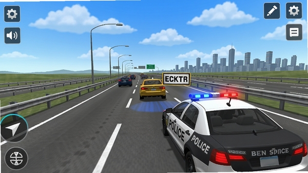 高速公路交警模拟游戏画面,一辆警车在高速公路上巡逻,前方有违规车辆,背景是蓝天白云和远处的城市