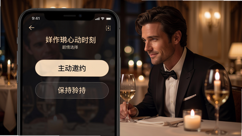 好莱坞心动时刻剧情选择界面,手机屏幕显示两个选项:'主动邀约'和'保持矜持',背景是奢华餐厅,男主角深情注视,画面柔和光影突出浪漫气氛。