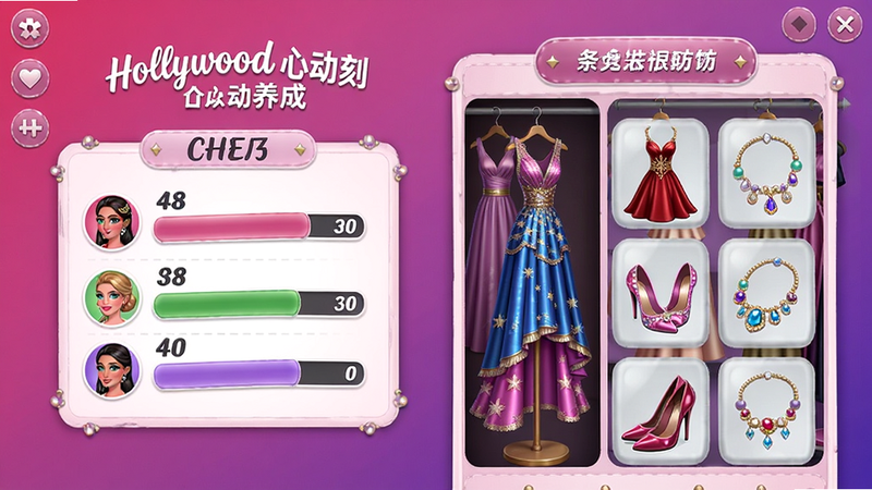 好莱坞心动时刻角色养成界面,主角属性面板显示四项数值,旁边是衣柜系统,各种礼服、高跟鞋、首饰琳琅满目,界面采用粉紫渐变背景,细腻的UI设计。