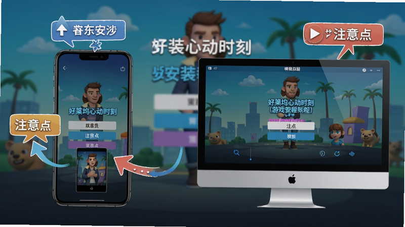 好莱坞心动时刻游戏安装教程示意图,手机和电脑模拟器界面并排展示,标注安装步骤箭头和注意点,背景为游戏登录界面,整体清晰明快。