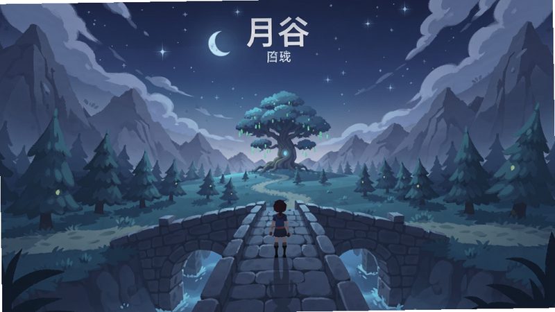 月谷游戏主界面全景,月光下的神秘山谷,主角站在石桥中央,远处有发光古树,背景是深蓝色夜空与繁星,手绘风格,色彩柔和梦幻,构图居中,适配Boogu模型生成