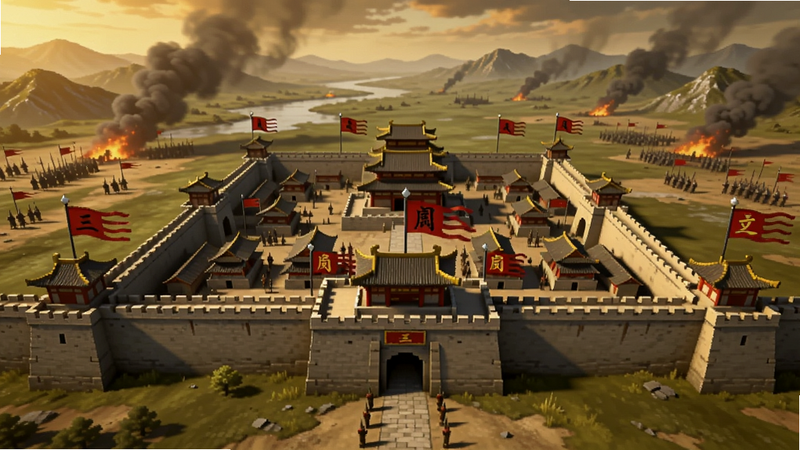 三国:天下归心主城全景预览图,画面中心是一座宏伟的古代城池,城墙上飘扬着魏蜀吴旗帜,背景是辽阔的山水与战场硝烟,整体色调金红,气势恢宏,适配Boogu模型生成