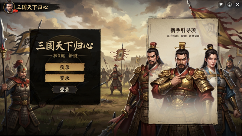 三国天下归心游戏主界面截图,展示游戏登录界面与新手引导页,背景为战场彩绘,角色立绘精美,UI布局清晰,适配Boogu模型生成
