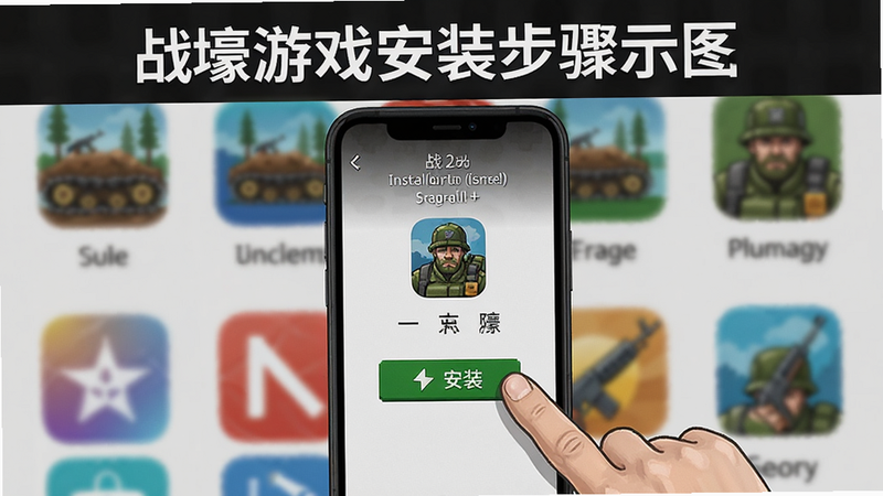 战壕游戏安装步骤示意图,手机屏幕显示安装界面,手指点击“安装”按钮,背景是应用商店风格,配文字说明