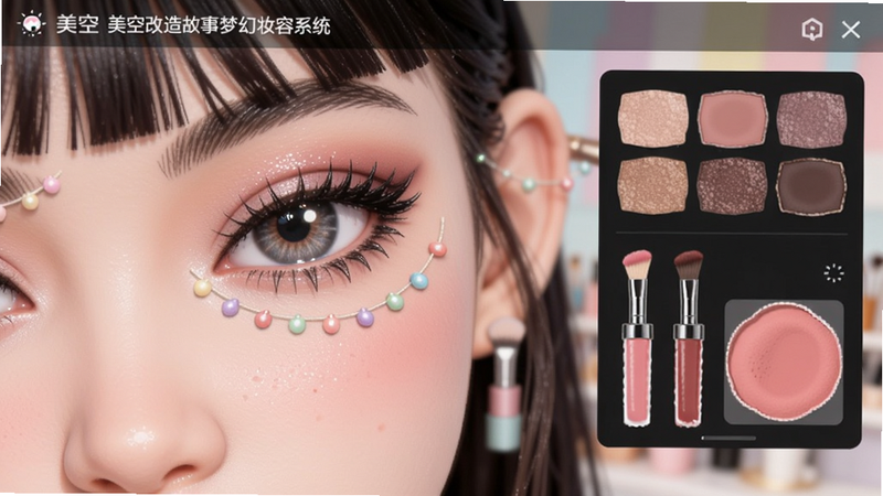 美空改造故事梦幻妆容系统界面,角色脸部特写,右侧弹出化妆盘,包含眼影色块、唇彩刷和腮红选区,背景虚化,突出妆面细节,角色眼神灵动。
